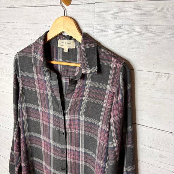 Anthropologie Cloth & Stone Top Womens Size Medium Gray & Pink Plaid Flannel - Picture 10 of 16